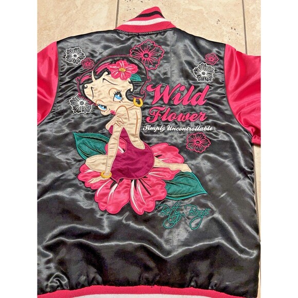 Betty Boop Jacket Womens Small Black Pink Satin Bomber RR Designs Wild Flower - Picture 1 of 8